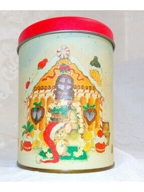 Vintage 1980s Christmas Tin GINGERBREAD HOUSE MOUSE Cylinder Canister